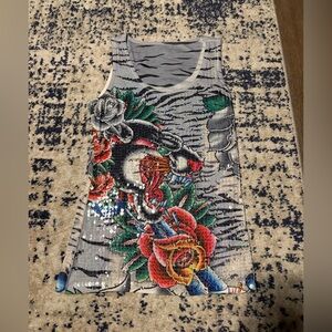 Sleeveless Sequin Tattoo Floral Tank Top - Gray, Red, Green